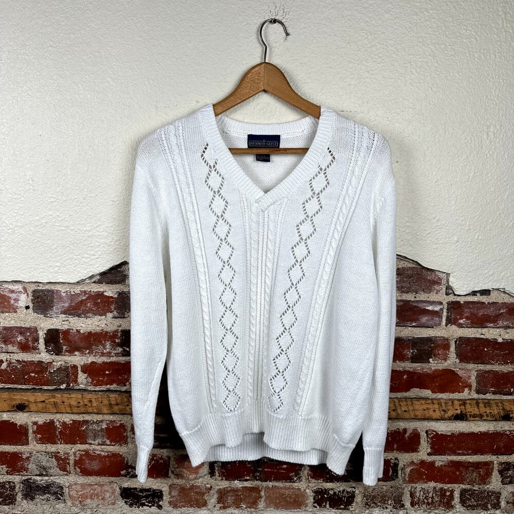Vintage Herman Geist Sweater Sz Large White Cotton V Neck Cable Knit Eyelet 90s